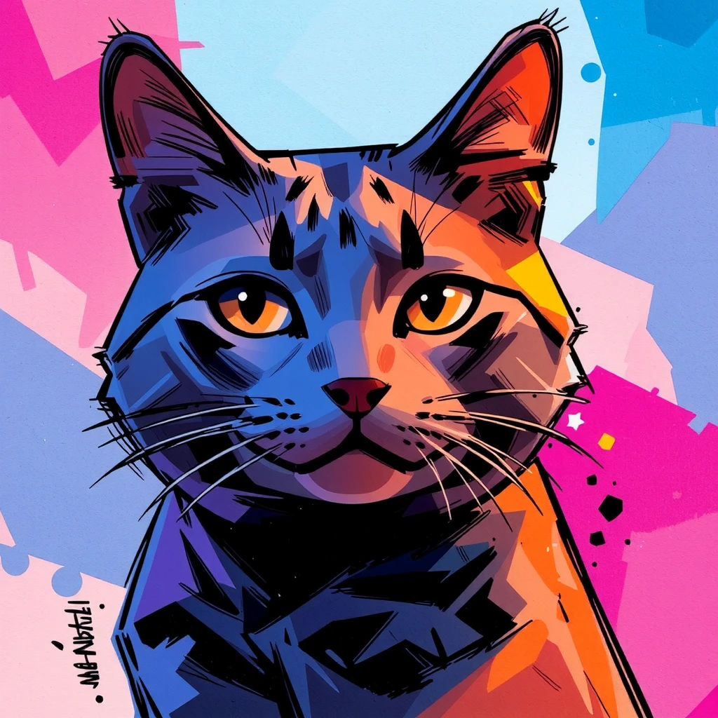 An artistic portrait of a cat with vibrant and dynamic colors like blue, pink, orange, and purple, blending harmoniously to create a visually striking composition. The background features an abstract, textured style with gradients and soft brushstrokes, complementing the cat's fur. The focus is on the cat's expressive eyes, which shine brightly and draw attention, adding depth and emotion. The overall artwork reflects a modern and impressionistic approach, emphasizing vivid colors and textures to evoke creativity and warmth.