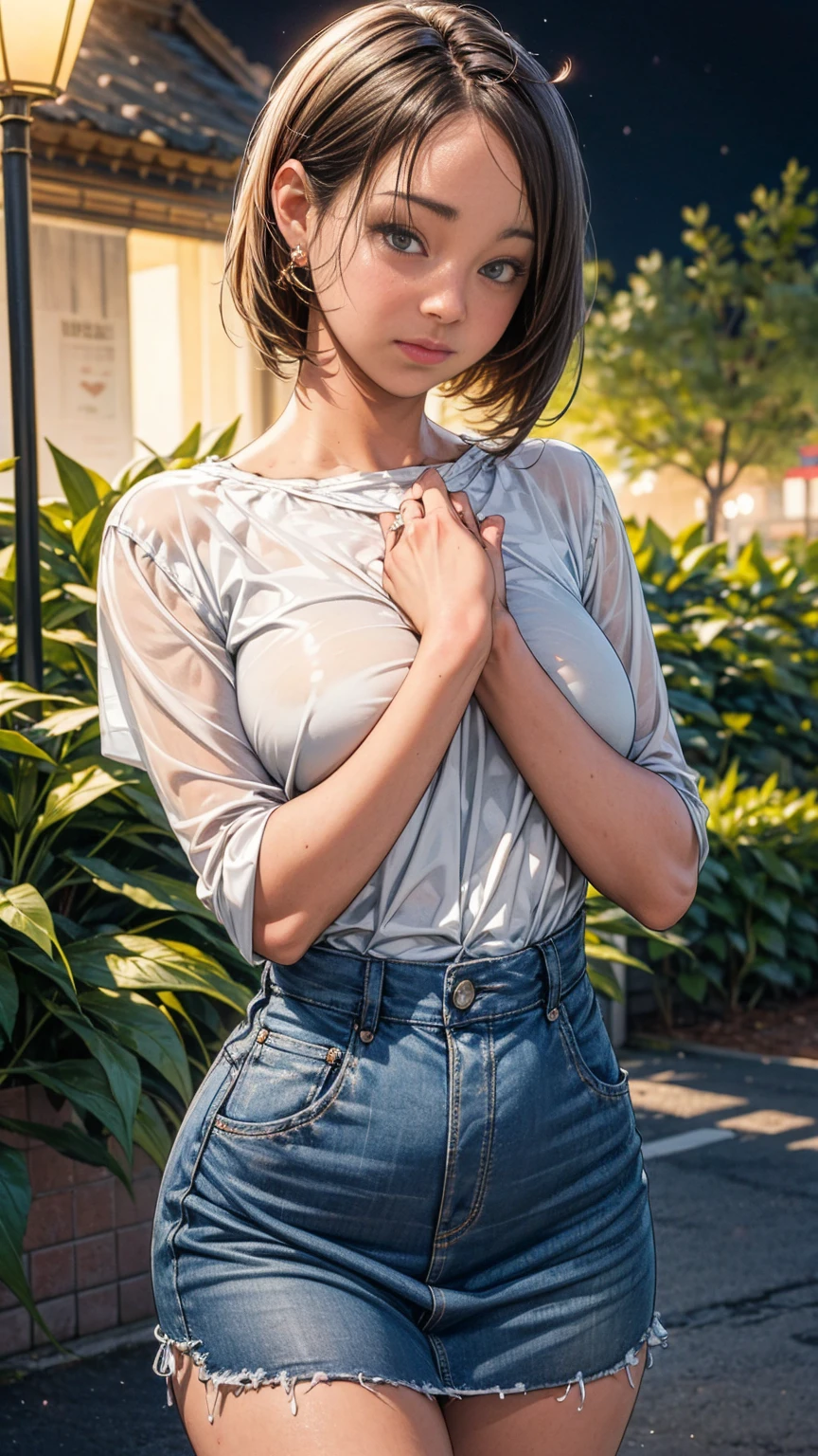 8K quality、High resolution、Realistic skin texture、High resolutionの瞳、A woman with a mature appearance、Japanese summer high school girls uniform、Princess Hair、thin、Realistic Female Genitalia、Small breasts、Realistic tongue、Small breastsの谷間、Brown Hair、thin脚、Sweating profusely、Sweat accumulates in the chest、Evening schoolyard、Bare feet、Full body photography、Wet clothes、Leak a lot