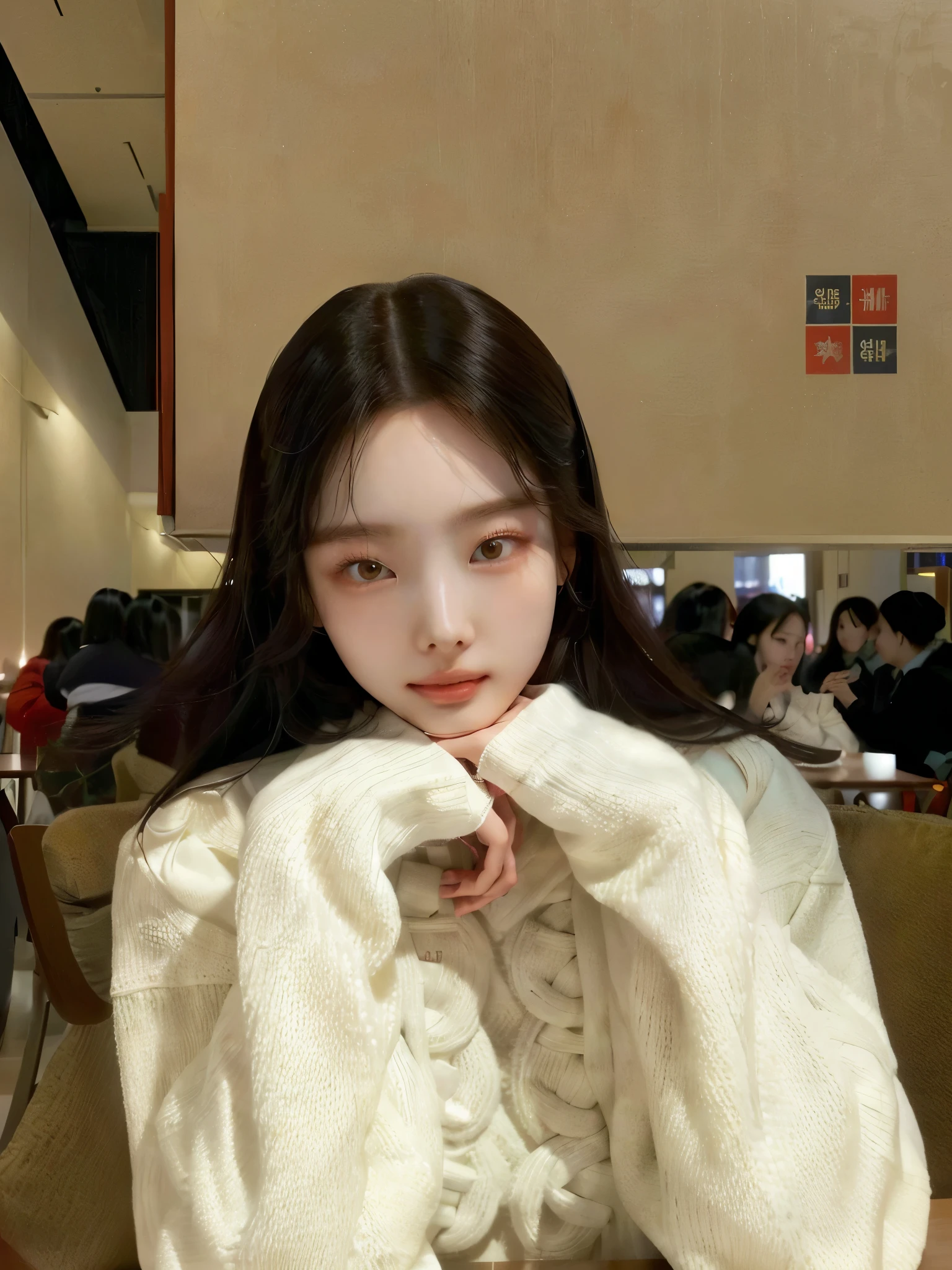 araffe woman in white sweater sitting at table with hands on chin, xintong chen, xision wu, ulzzang, heonhwa choe, korean girl, bae suzy, jinyoung shin, wenfei ye, dilraba dilmurat, chengyou liu, jaeyeon nam, profile pic, tzuyu from twice, beautiful south korean woman