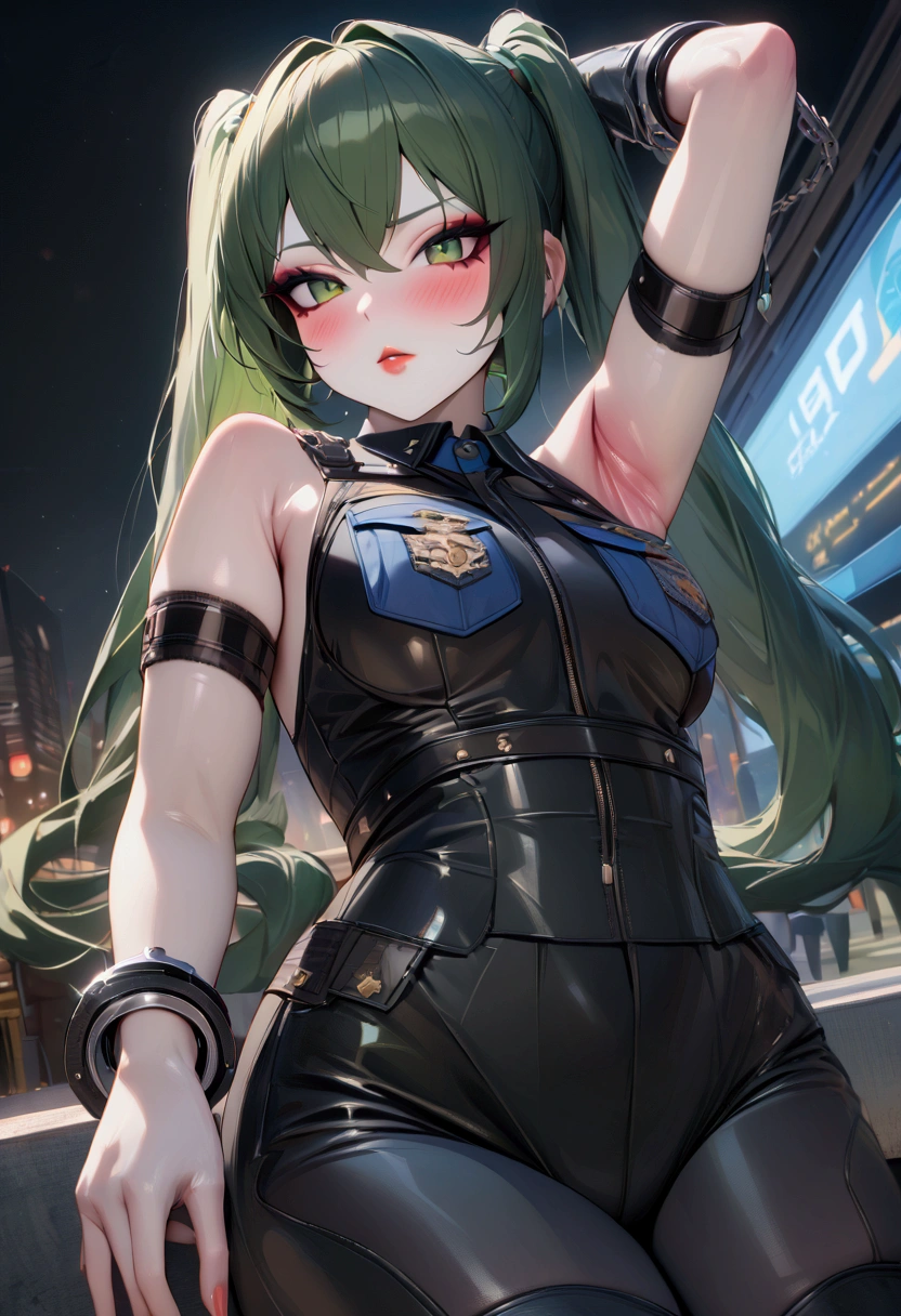 Qingyi, Night view, police uniform, Beauty, Beautiful eyes, blush, uhd, retina, masterpiece, ccurate, anatomically correct, textured skin, super detail, high details, high quality, best quality, highres, knee high boots, gloss lips, lipstick, 4K, eyeshadow, eyeliner, blush, long hair, lipstick, green hair, long eyelashes, pigtails, evil grin, armpits, android body, handcuffs 