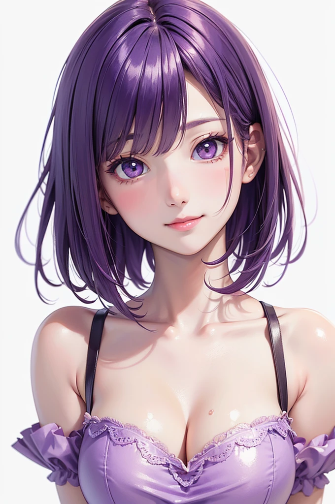 Best Quality,High resolution,8k,(plain white background, no patterns, no textures, just a plain white background:1.3),Masterpiece:1.2),beautiful girl,Big Breasts,(Shiny purple hair:1.3),bob cut,Beautiful purple eyes,Gentle look,A refreshing look,smile,T-Shirts,Best quality,Best Quality,Aesthetic and aesthetic:1.2,Best details((Super detailed))(High-definition CG illustrations),Slender body,smile,blush,cute,Scrounge,Looking up,Being spoiled,super model, wariza, sit
