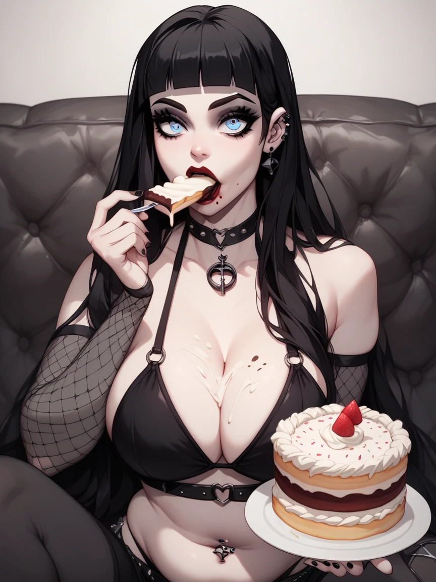 score_9, score_8_up, score_7_up, score_6_up, 1girl, long hair,  g4n1m3, goth, red lipstick, wear a bikini, sitting on the couch, eating a cake, prominent Neck, tall body shape, fulled belly, gained some weight, Tall height, surfeit to eat, pale skin, round blue eyes, face focused, black eyebrows, wide eyes, overeating,