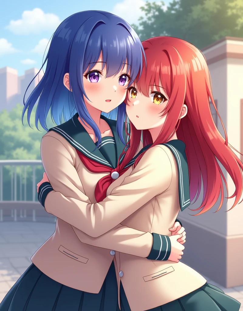 score_9, score_8_up, score_7_up, score_6_up, score_5_up, score_4_up, (source_anime), 2girls, evangellion, asuka langley, rei ayanami, yuri, full body, breast sucking, Schoolwear