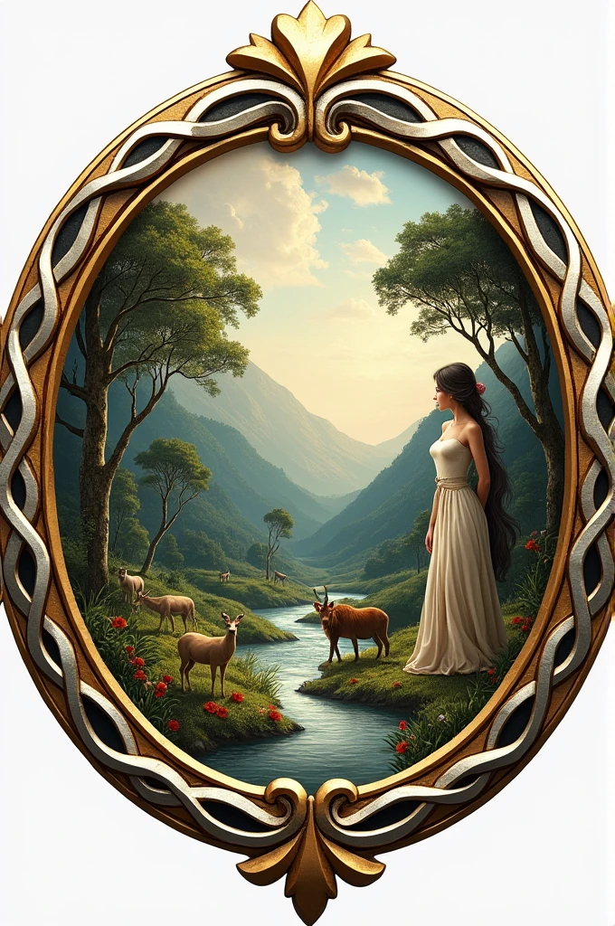 Create a round izotype that has a gold and silver border, In the background are trees , animals, a river and a woman with a .