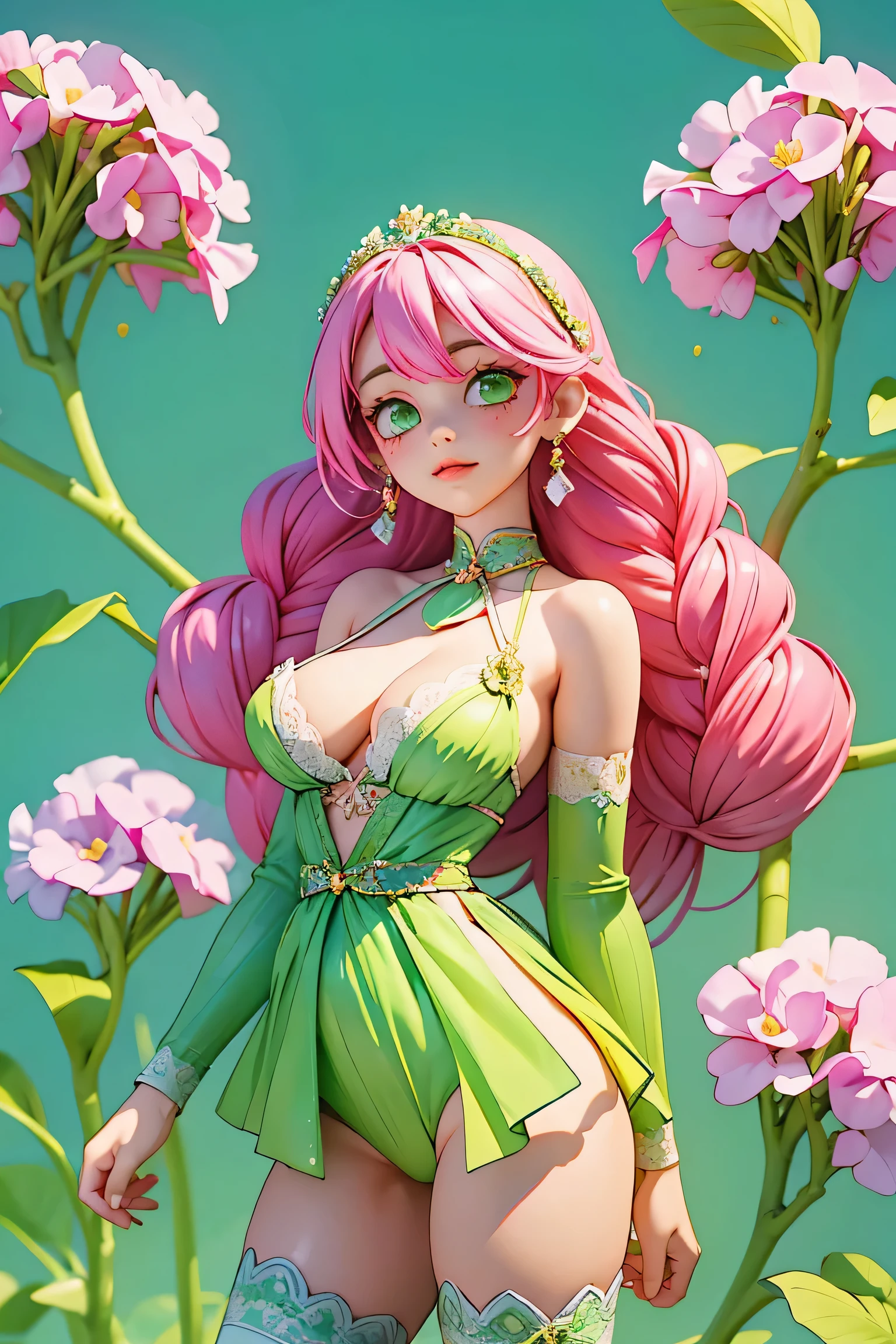 a woman in a green and pink dress holding a pink flower, elf girl wearing an flower suit, humanoid flora, fullbody painting, green colored skin!!, draped in fleshy green and pink, green and pink, green colored skin, the non-binary deity of spring, anime character; full body art, floralpunk elysian maiden, bodypaint