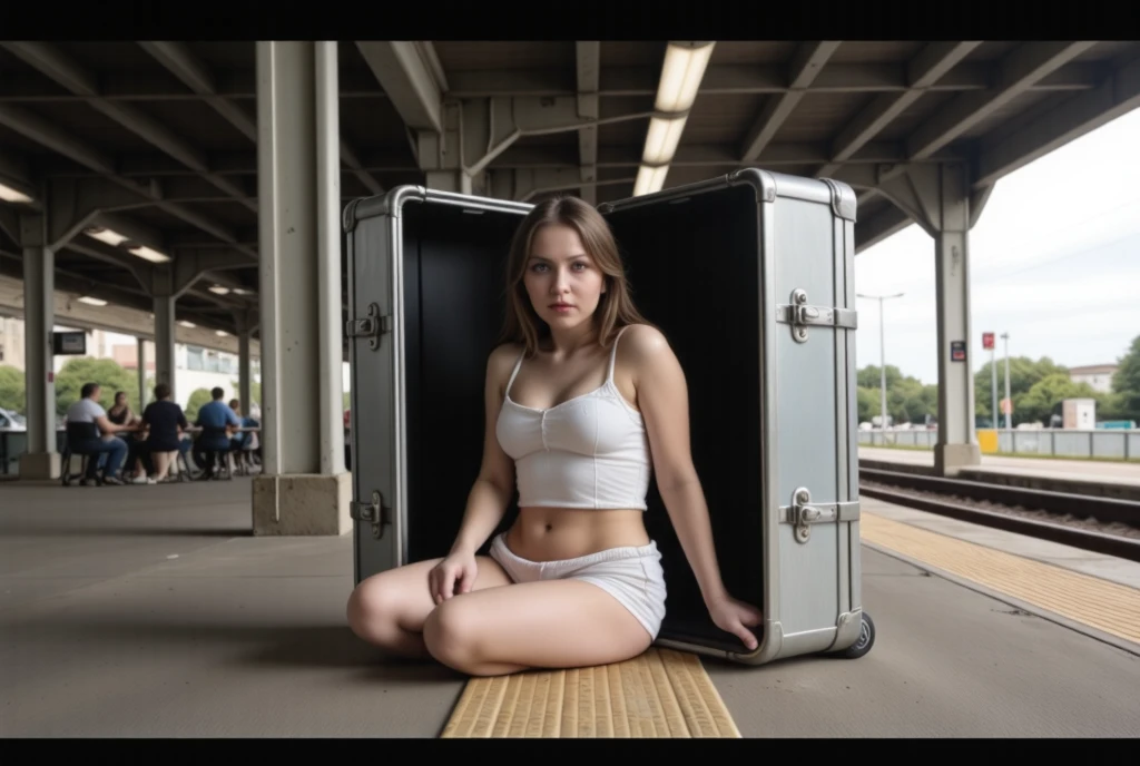 a large steel suitcase lies closed on an empty train platform. a cutaway view looks through the side of the case to reveals a beautiful woman bound inside, she wears a full body straightjacket with her arms behind her back, and her legs folded. a ball gag fills her mouth. packing foam cut inserts have been cut to surround her and hold her in place. Maeri25. 