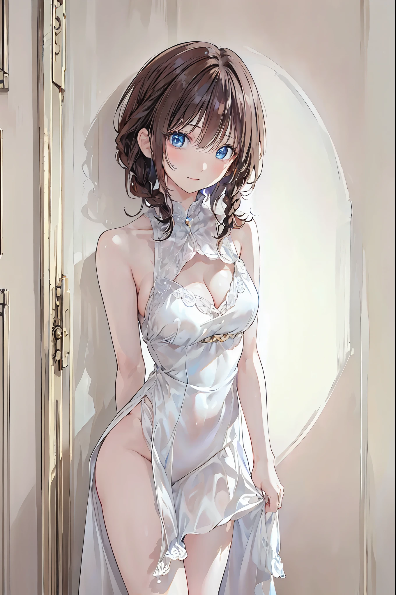 kathr7nn3wt0nのクローズアップポートレート, Two-thirds view, photo realistic photo, detailed face , simple background 、,(((8k,2 thousand .))),(masterpiece), ((( best quality ))), ( ultra detail), (masterpiece:1.2), ( best quality :1), ( very bright face ), ((In the water))、Brown Hair, shortcuts, unkempt hair,Short braided hair,Neat, slender beautiful,Correct posture,Small chest, beautiful legs, their enchanting gray-blue eyes are shining like stars,Droopy eyes, bright color, beautiful eyes,A delicate smile,Textured Skin, best quality を最高に, gentle and beautiful woman , anime style、