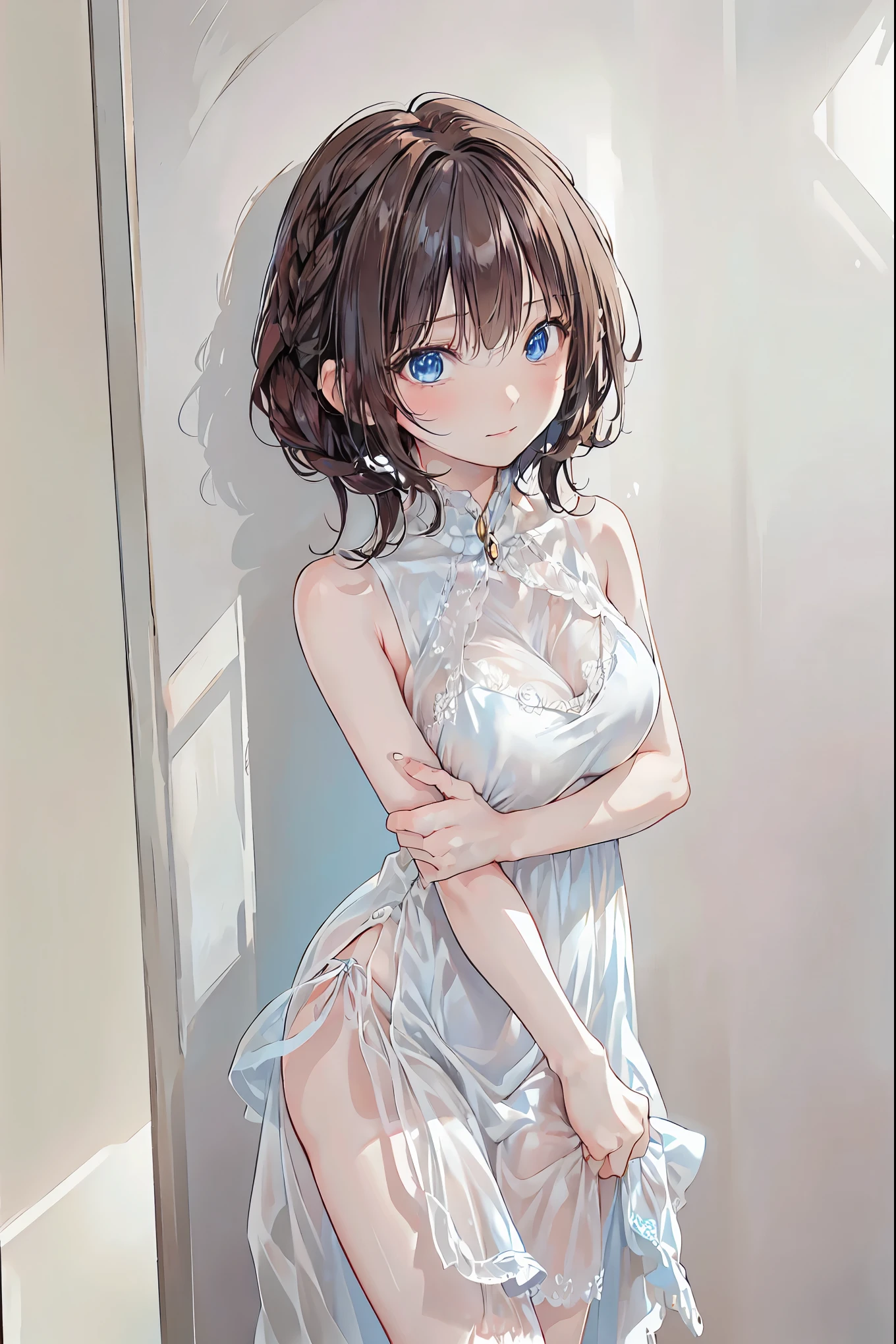 kathr7nn3wt0nのクローズアップポートレート, Two-thirds view, photo realistic photo, detailed face , simple background 、,(((8k,2 thousand .))),(masterpiece), ((( best quality ))), ( ultra detail), (masterpiece:1.2), ( best quality :1), ( very bright face ), ((In the water))、Brown Hair, shortcuts, unkempt hair,Short braided hair,Neat, slender beautiful,Correct posture,Small chest, beautiful legs, their enchanting gray-blue eyes are shining like stars,Droopy eyes, bright color, beautiful eyes,A delicate smile,Textured Skin, best quality を最高に, gentle and beautiful woman , anime style、