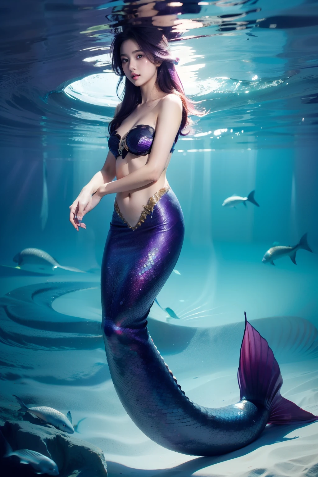 A real mermaid girl with black fish tail and purple hair and red eyes, long eyelashes, long purple hair, realistic girl, mermaid, full body, sea background, mermaid, black fish tail 