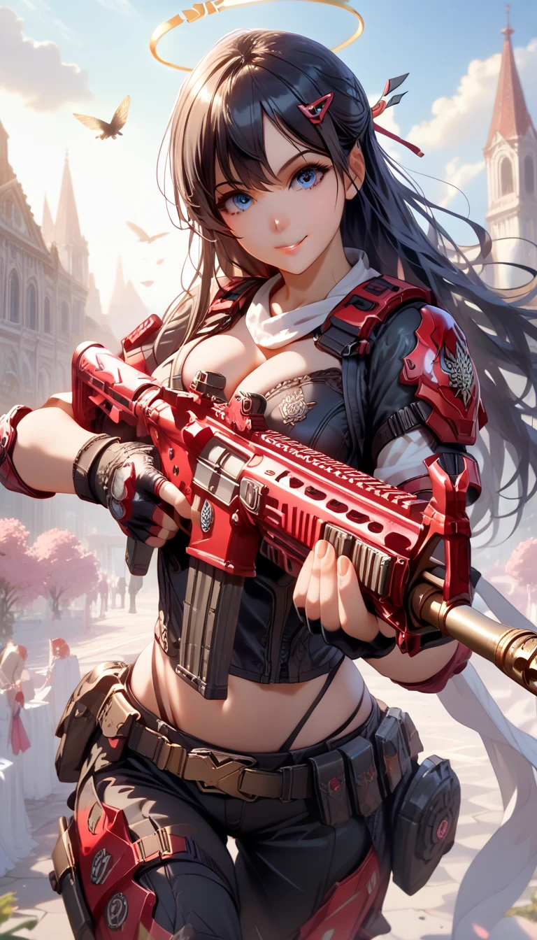 ultra-detailed, 1girl, hanako urawa, ((masterpiece)), (best quality), (highres), 16K, blue eyes, black hair, long hair, halo, hairpin, wearing tactical gear, fingerless gloves, tactical belt, knee pads, black thong, busty body, large breasts and a beautiful ass, showcasing cleavage, legs, hips, looking at viewer, smile, (holding assault rifle), detailed face, detailed hair, detailed body, streets background