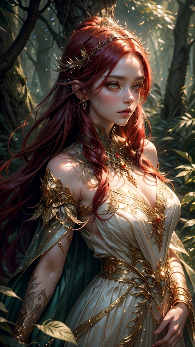 Full body Creation a highly detailed fantasy portrait of an sorceress in an enchanted forest setting. She has flowing, silvery-red hair adorned with delicate, nature-inspired accessories and faintly glowing ornaments. Her piercing crimson red eyes exude a sense of mystique and power. Red eyes sorceress, She wears an intricate, red gown with golden accents, embedded with luminous crystals that shimmer in soft magical light. The dress is detailed with ornate, metallic vine-like designs that wrap around her arms and legs, giving her a regal yet dangerous appearance. The background features a soft, dreamy forest illuminated by gentle, golden light, with glowing particles floating through the air, fantasy, and otherworldly beauty, with a cinematic and hyper-realistic art style."