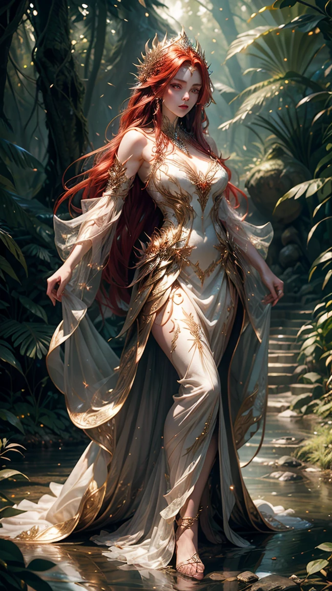 Full body Creation a highly detailed fantasy portrait of an sorceress in an enchanted forest setting. She has flowing, silvery-red hair adorned with delicate, nature-inspired accessories and faintly glowing ornaments. Her piercing crimson red eyes exude a sense of mystique and power. Red eyes sorceress, She wears an intricate, red gown with golden accents, embedded with luminous crystals that shimmer in soft magical light. The dress is detailed with ornate, metallic vine-like designs that wrap around her arms and legs, giving her a regal yet dangerous appearance. The background features a soft, dreamy forest illuminated by gentle, golden light, with glowing particles floating through the air, fantasy, and otherworldly beauty, with a cinematic and hyper-realistic art style."