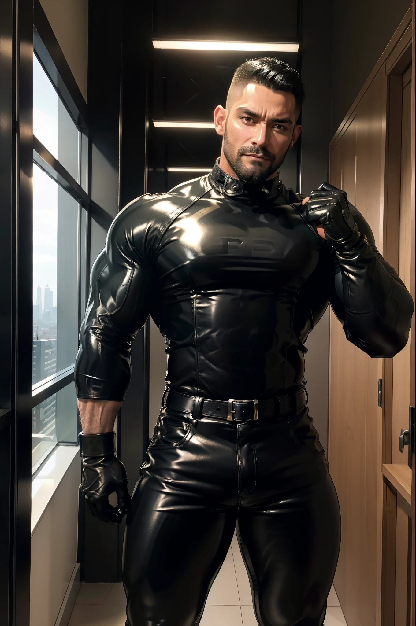 30 years old, daddy,"shiny skin tight leather trousers man ",Dad standing,hd,in the office,"big muscle", gay ,black hair,asia face,masculine,strong man,the boss is,handsome,sex,leather gloves,lecherous dad,look straight ahead,"dad is handsome","gay dad","handsome","raise your hand"