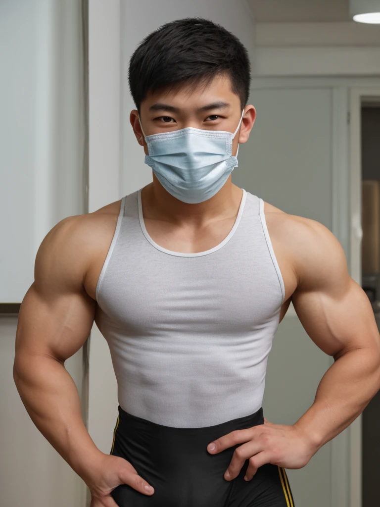 Realistic, Masterpiece, Best quality, Detailed, Natural lighting, soft shade, Detailed background, Photography, Depth of field, Intricate details, Detailed face, Subsurface scattering, Realistic eyes, Muscular, Handsome photo (Korean man), Sexy doctor, ((bushi)), (30 years old), Beard, mitts, surgical mask,The crotch is raised
