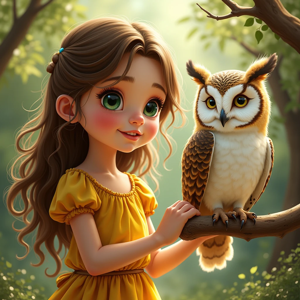 owl,childrens book illustration,brunette,beautiful detailed eyes,beautiful detailed lips,extremely detailed eyes and face,long eyelashes,(best quality,4k,8k,highres,masterpiece:1.2),ultra-detailed,(realistic,photorealistic,photo-realistic:1.37),vivid colors,soft pastel tones,ethereal lighting,playful scene,happy children,peaceful forest setting,cute animals,storybook,whimsical attire,enchanted atmosphere,tree branches and leaves,lively imagination.