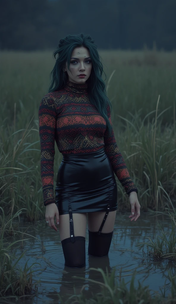 pale woman sinking stuck in sludge bog,bold ritual victim makeup, ethnic patterns turtleneck, short pencil pvc skirt, short stockings with garters, reeds, night sky