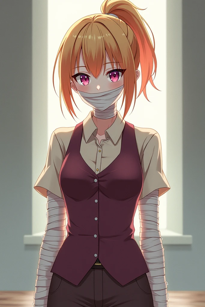 Masterpiece, Best Quality, High resolution, 1 girl, detailed face, blush, cg anime style, (medium breasts), (18 year old girl), good lighting, perfect body, Sakura Kinomoto, (tape gag), (Tape bound), (tied arms), Open eyes, dilated pupils, garden, strapless wedding dress, collar, jewelry, whole body