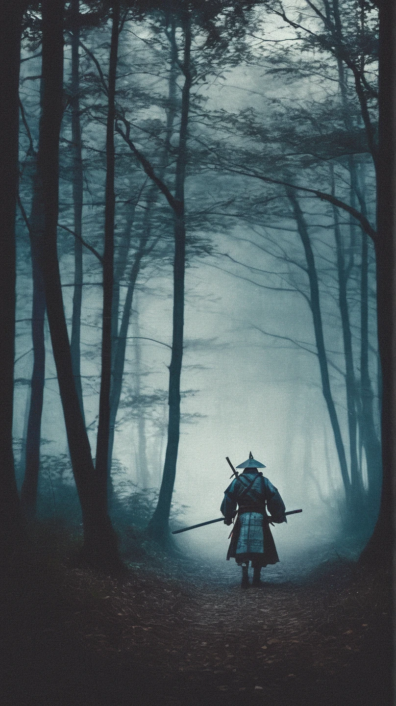 found footage of a lone samurai travels through a dark forest surrounded by heavy fog as he encounters a large evil lady otherworldly creature and glowing eyes eerie dark fantasy gothic
grainy distressed photography 