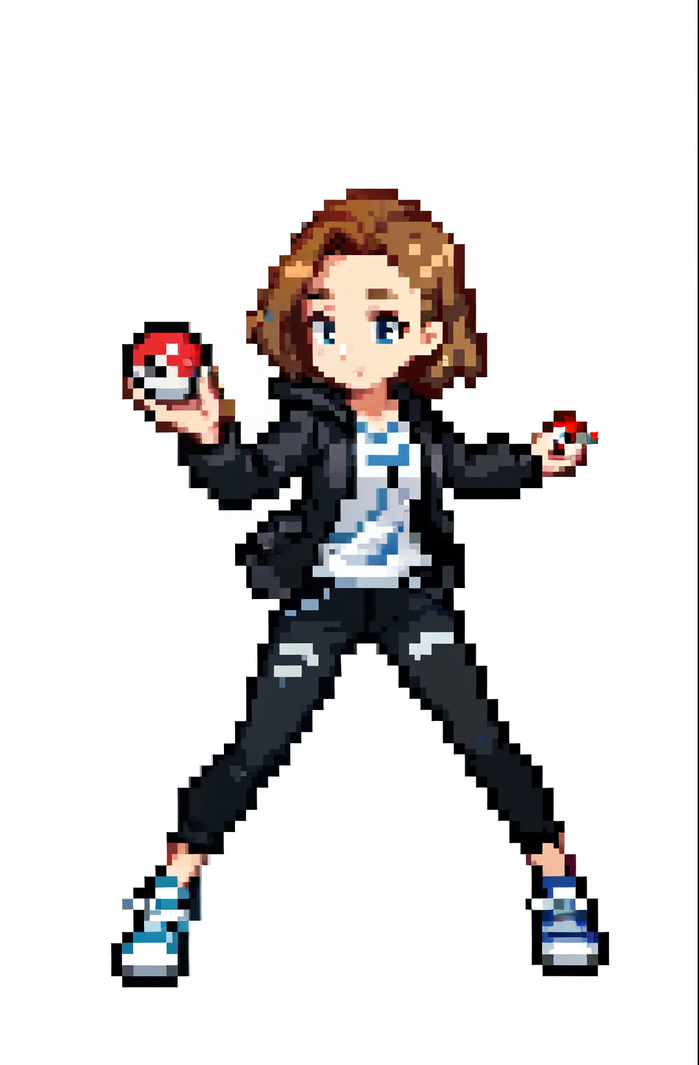 pixel art of a woman, full length, dynamic pose, copper hair, short hairсut, clear forehead, white hood, black jacket, black jeans, sneakers, holding pokeball, pokeball, white background
