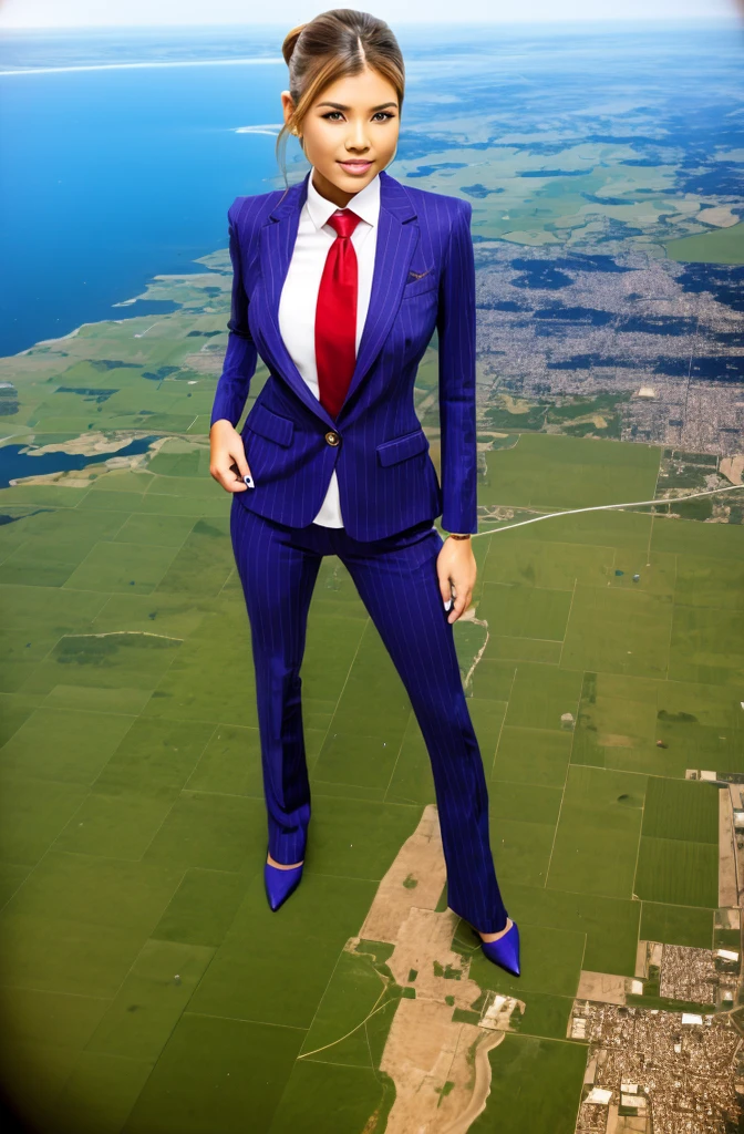 Giga Giantess art 1:4, two highly detailed giga giantess, blonde hair, a teenage bbw white girl full body view, 1000 miles giga giantess, giga giantess so massive the world is very small to her, huge breasts, grey pinstriped three-piece suit and blazer, white tailored shirt, tie done up in a thick and very large red Windsor knot tie, ties length reaches just passed the top of trousers, Has long full wavy ponytail, Wearing a pair of  polished round toe court heels Professional attire A look of enjoyment, Beautiful appearance, smile, horny (view from the ground)giga goddess, full body view, standing striaght, stomping on very tiny but massive continent, giantess so big she can see the whole coast line of USA, facing towards camera, from below