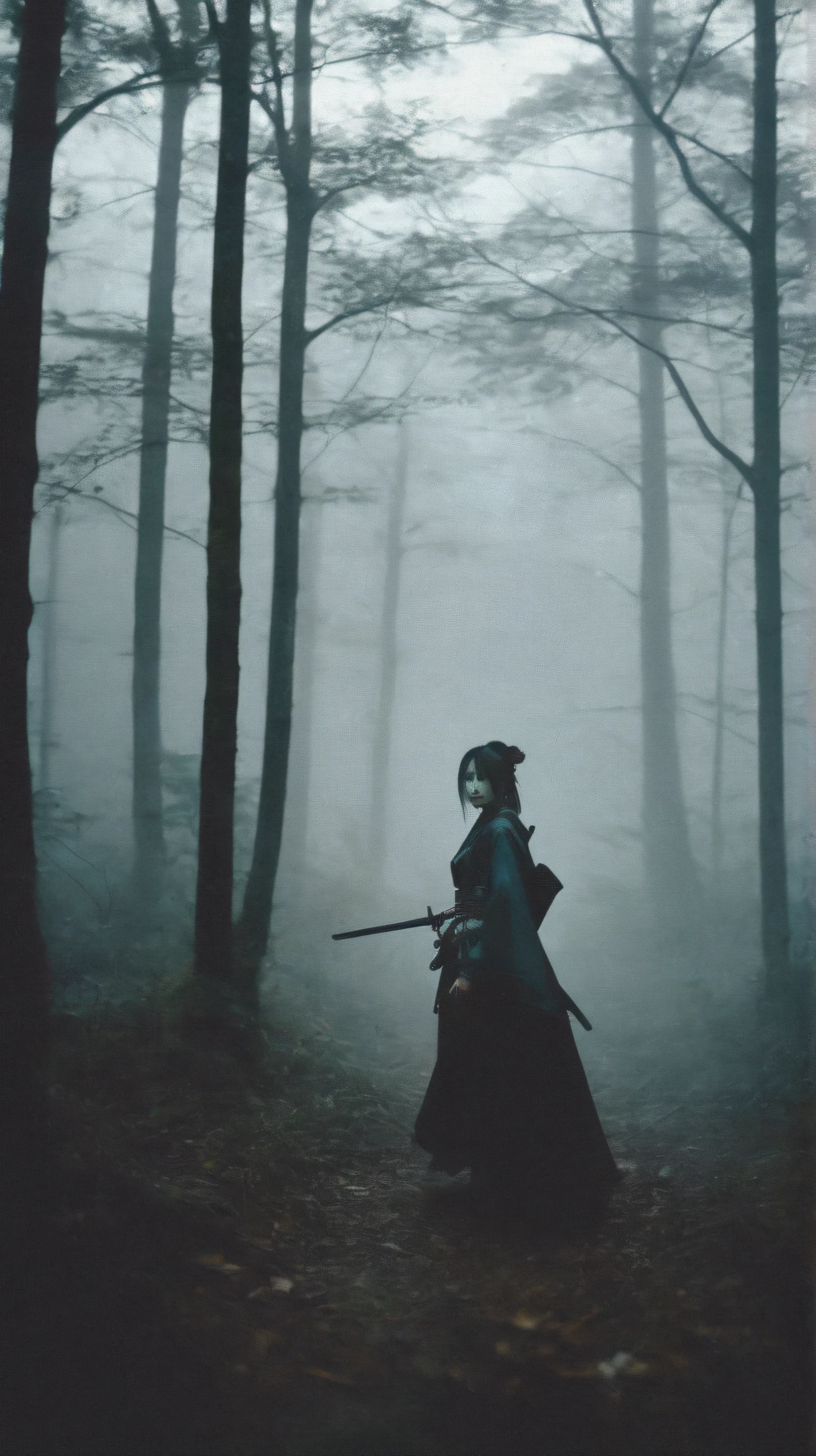 found footage of a lone sexy lady samurai travels through a dark forest surrounded by heavy fog as he encounters a large evil lady otherworldly creature and glowing eyes eerie dark fantasy gothic
grainy distressed photography 