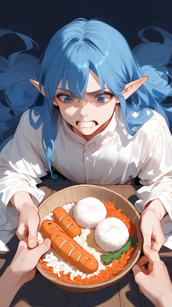  High resolution, boy,  long hair ,  Blue Eyes, blue hair, toys,  pointed ears, taken,  masterpiece ,  high quality , Rice,  Teeth stuck,  Cheek to cheek , smoke (anime),  simple background , anime, 