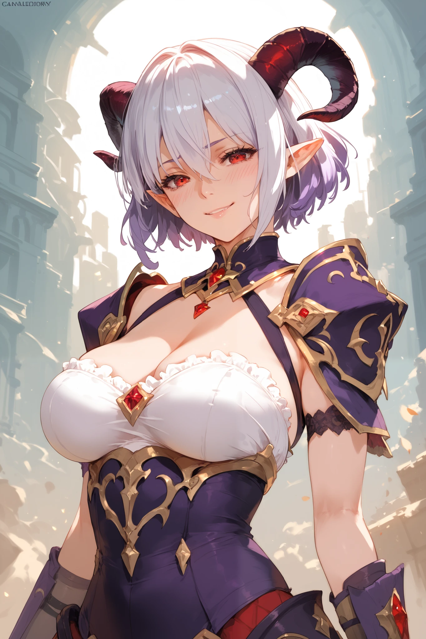  High resolution,  masterpiece ,  high quality ,  short hair,  Fringe between the eyes, purple hair,  white hair, breasts,  pointed ears,  red eyes,  embarrassed , gentle smile,  simple background ,  Demon horns ,  diffracted rays, anime,  anime style ,  Apocalypse, 1 , Alone