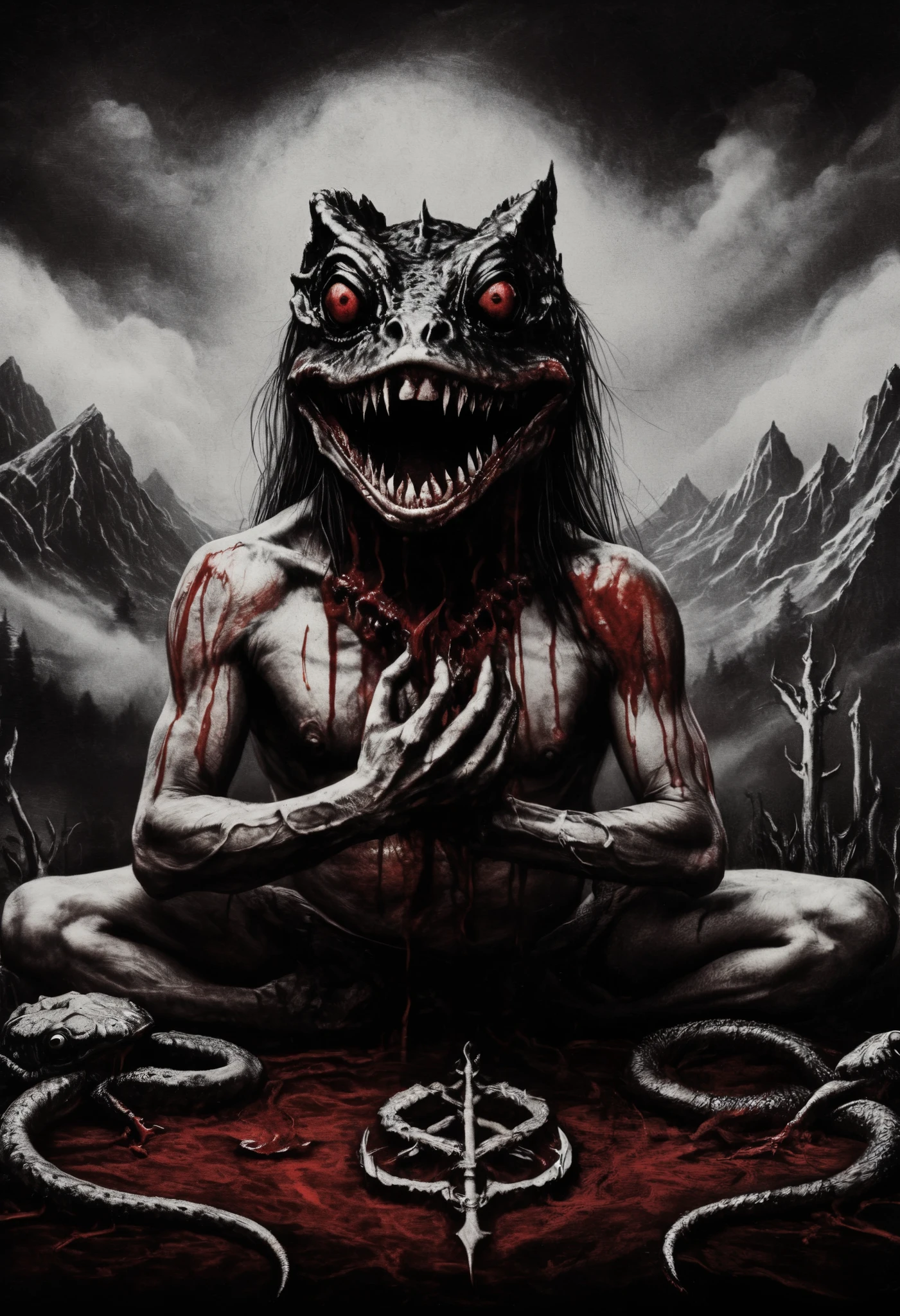 blackmetal style , Xerox, black and white , cloudy black sky , battle frog ,blood,dientes rojos por la blood,gota de blood, diabolic smile ,fleshy,religious frog , mountains in the distance, fog, Ojos rojos, tool belt, full body,meditation pose ,(Ritual altar)