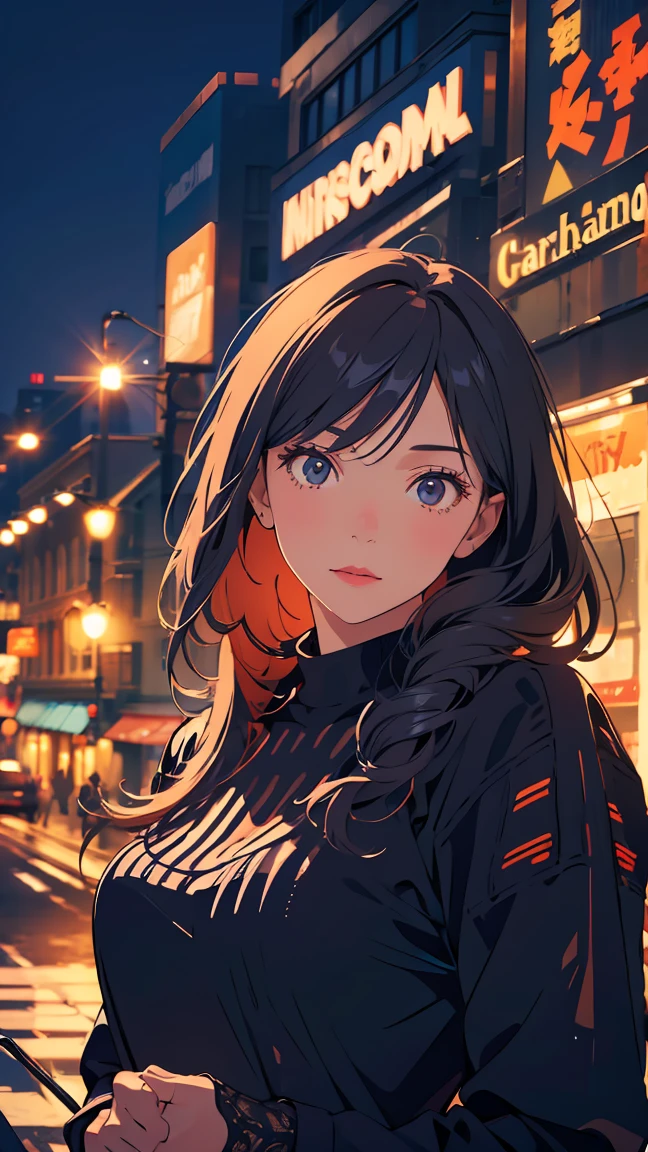 Woman,alone,Fashion Winter Clothing,city,night,street, neon lights,Very details, top quality, high precision, beautiful lighting, realistic shade, high precision, detailed skin, very detailed, faces and detailed eyes, realistic eyes, cowboy shot