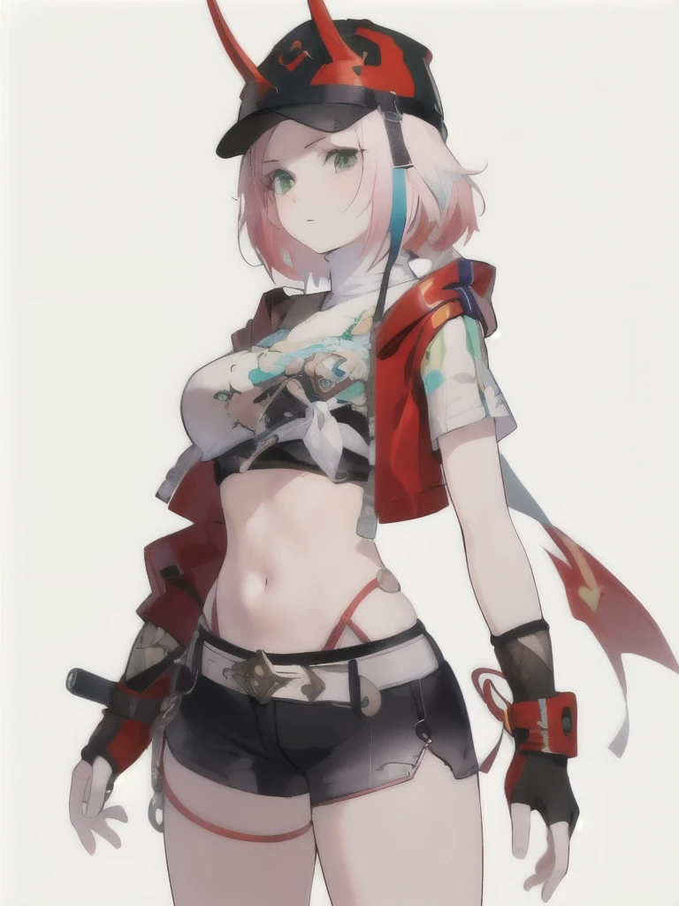 ((masterpiece, top quality )),  1girl, rappa ,  Horned hat ,  cropped jacket ,  asymmetric sleeves,  one glove , cowboy shot,  white background,  ulybka,  Big breasts