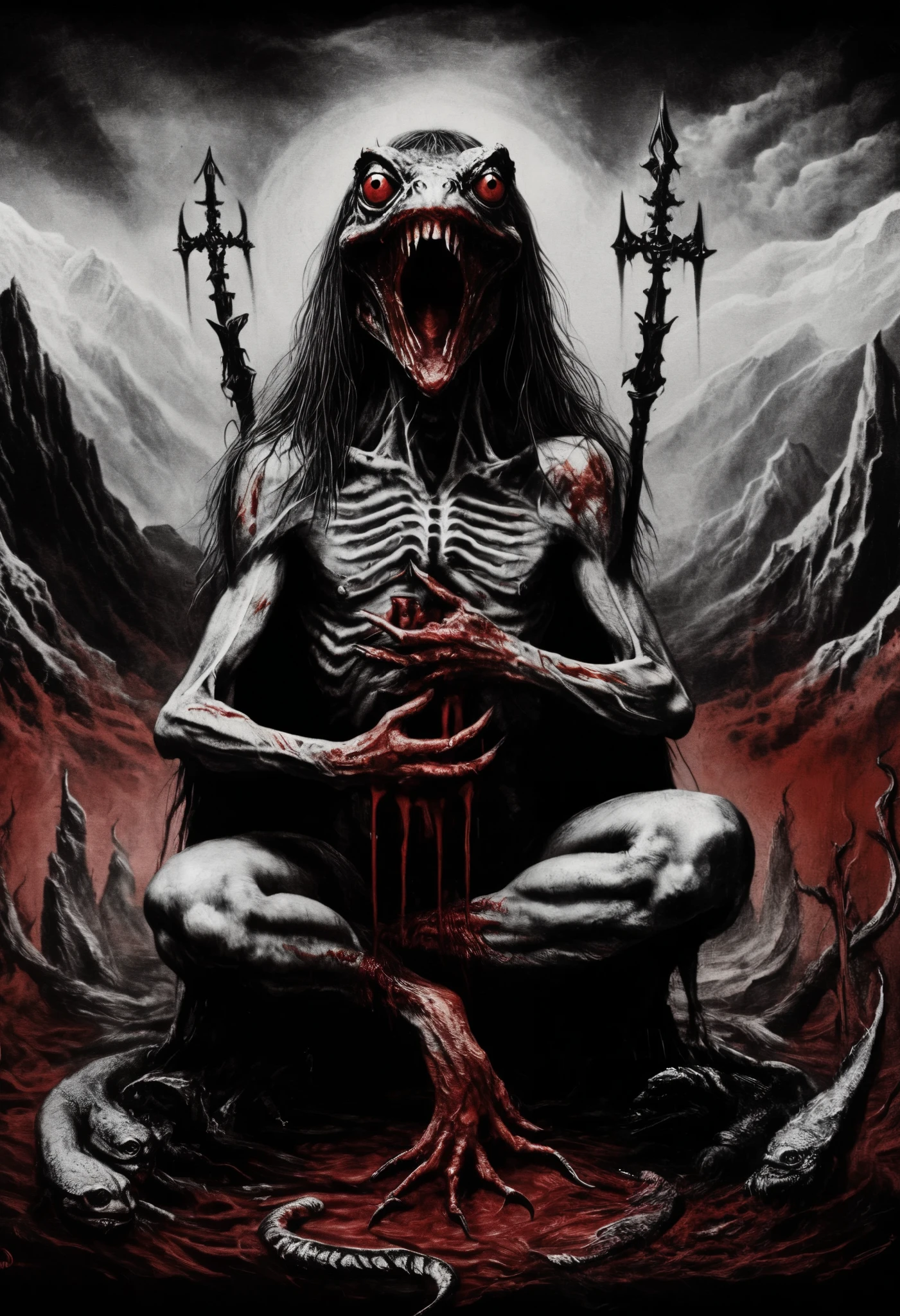  blackmetal style , Xerox,  black and white ,  cloudy black sky , battle frog ,blood,dientes rojos por la blood,gota de blood, diabolic smile ,fleshy,religious frog ,  mountains in the distance, fog, Ojos rojos,tool belt , full body,meditation pose ,(Ritual altar)
