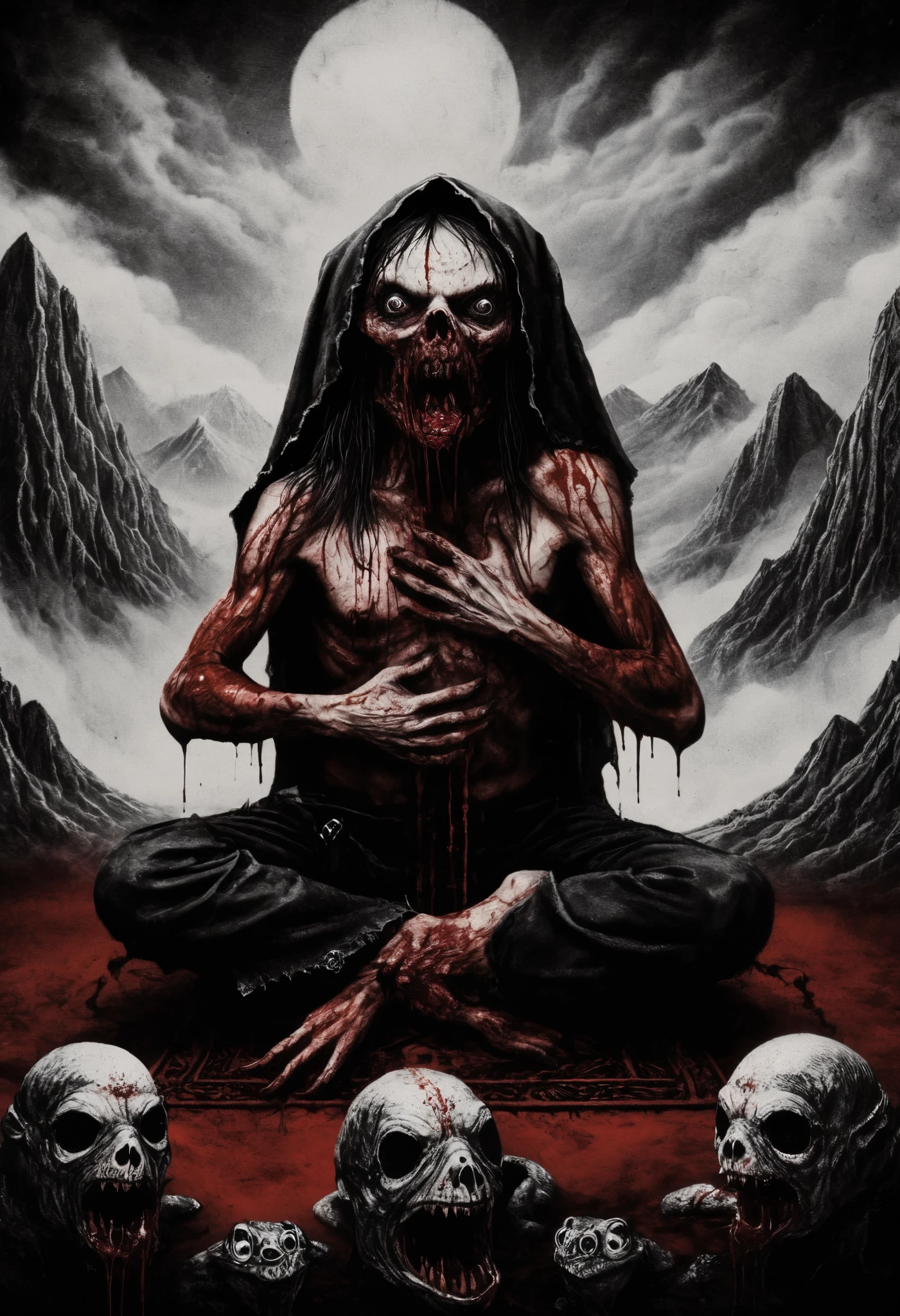  blackmetal style , Xerox,  black and white ,  cloudy black sky , battle frog ,blood,dientes rojos por la blood,gota de blood, diabolic smile ,fleshy,religious frog ,  mountains in the distance, fog, Ojos rojos, tool belt, full body,meditation pose ,(Ritual altar)
