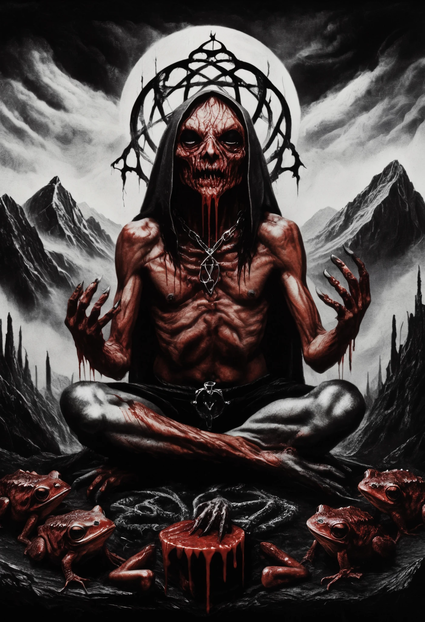  blackmetal style , Xerox,  black and white ,  cloudy black sky , battle frog ,blood,dientes rojos por la blood,gota de blood, diabolic smile ,fleshy,religious frog ,  mountains in the distance, fog, Ojos rojos, tool belt, full body,meditation pose ,(Ritual altar)
