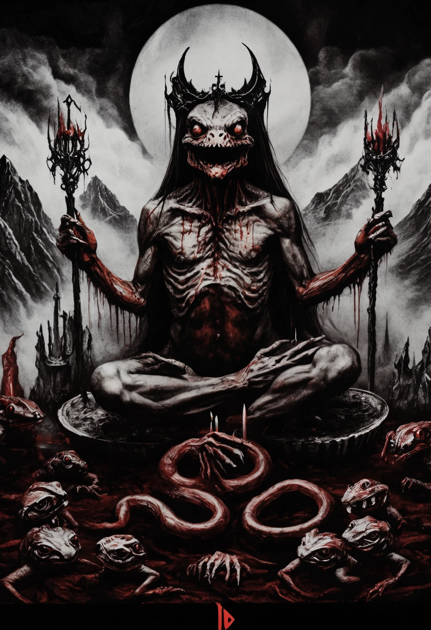  blackmetal style , Xerox,  black and white ,  cloudy black sky , battle frog ,blood,dientes rojos por la blood,gota de blood, diabolic smile ,fleshy,religious frog ,  mountains in the distance, fog, Ojos rojos, tool belt, full body,meditation pose ,(Ritual altar)
