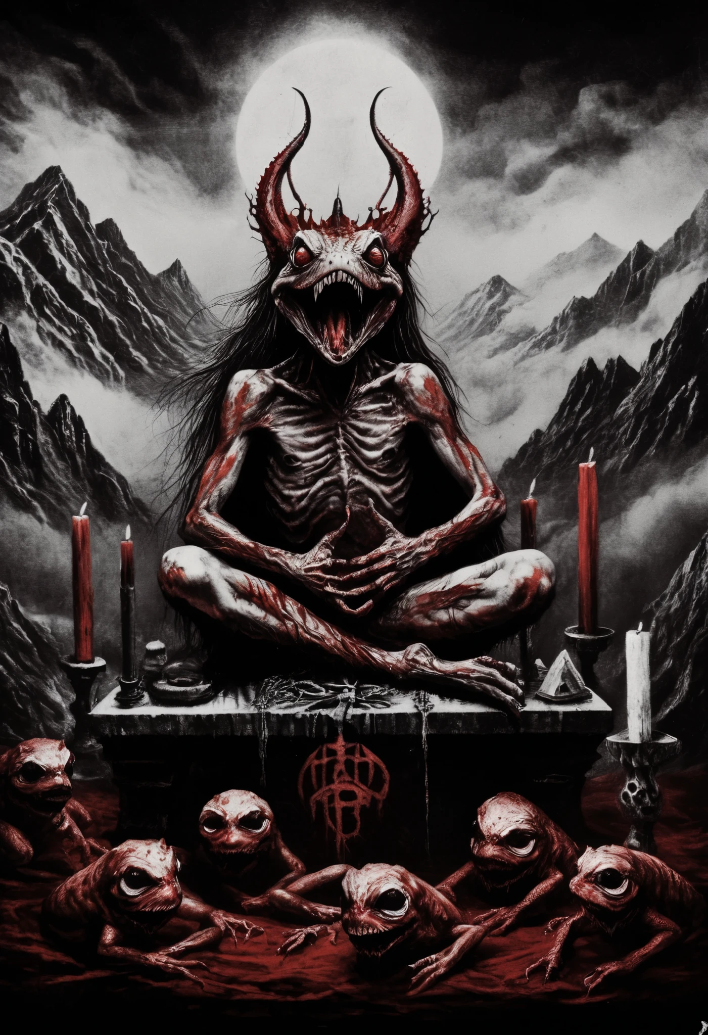  blackmetal style , Xerox,  black and white ,  cloudy black sky , battle frog ,blood,dientes rojos por la blood,gota de blood, diabolic smile ,fleshy,religious frog ,  mountains in the distance, fog, Ojos rojos, tool belt, full body,meditation pose ,(Ritual altar)
