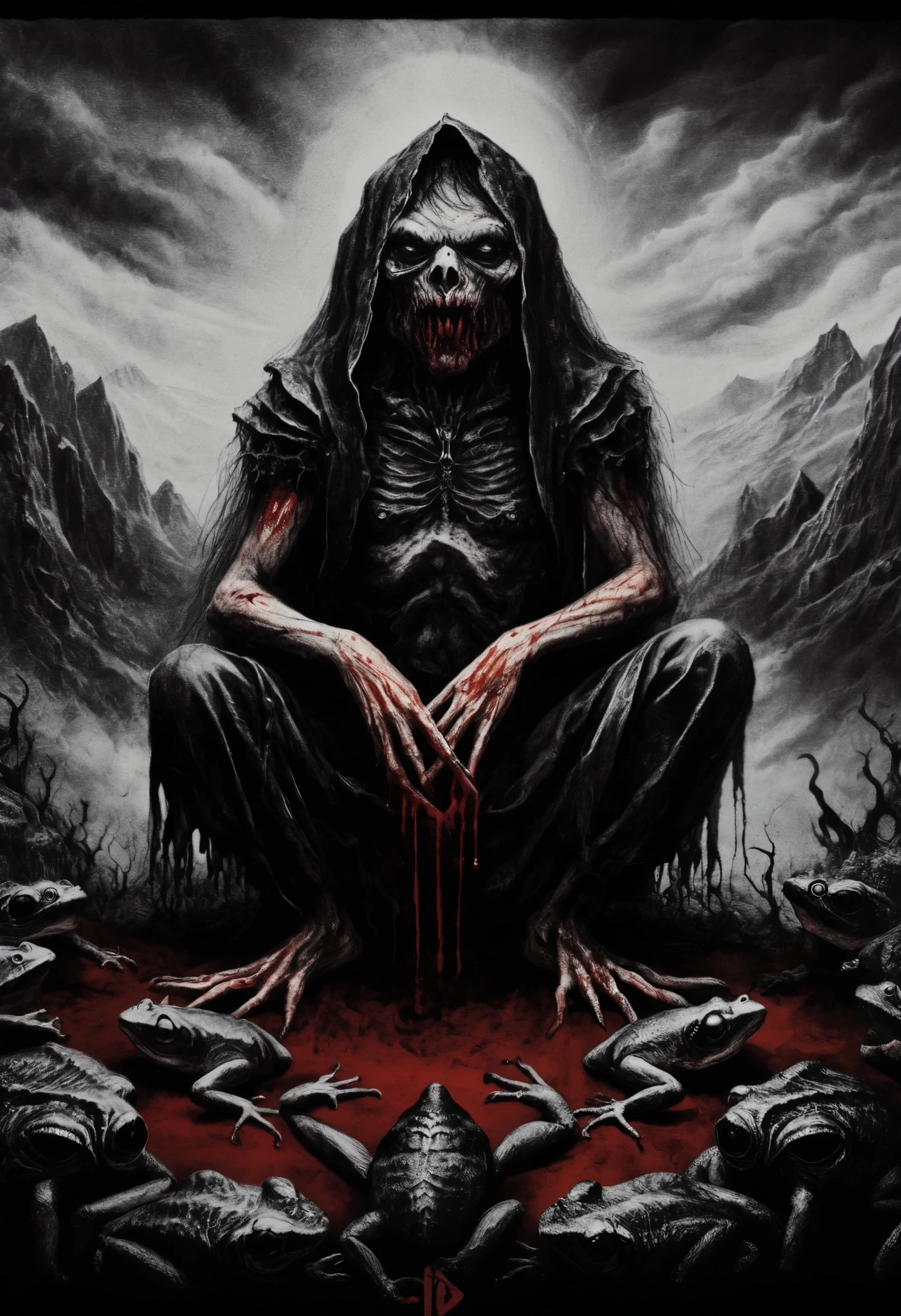  blackmetal style , Xerox,  black and white ,  cloudy black sky , battle frog ,blood,dientes rojos por la blood,gota de blood, diabolic smile ,fleshy,religious frog ,  mountains in the distance, fog, Ojos rojos,tool belt , full body,meditation pose ,(Ritual altar),Old and torn clothes
