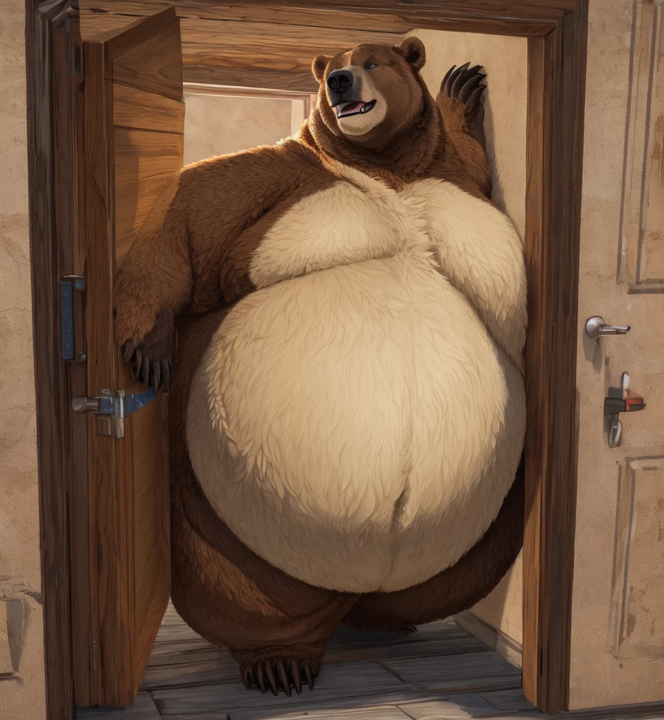 Very Extremely Morbidly-Obese Grizzly Bear with Very very very Extremely Massive Overhang Belly, gets stuck by squeezing through narrow doorway