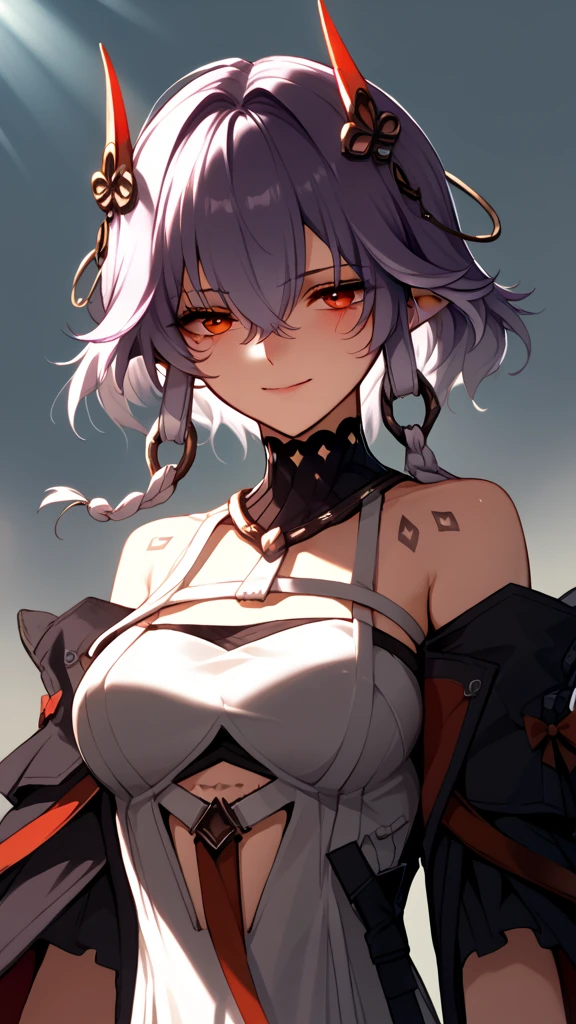  High resolution,  masterpiece ,  high quality ,  short hair,  Fringe between the eyes, purple hair,  white hair, breasts,  pointed ears,  red eyes,  embarrassed , gentle smile,  simple background ,  Demon horns ,  diffracted rays, anime,  anime style ,  Apocalypse, 1 , Alone