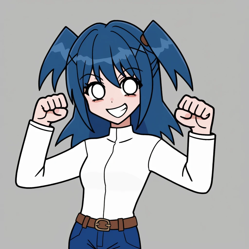 solo, Laceys_game, 1girl, two side up, blue pants, brown belt, white shirt, long sleeves, blue hair, 1girl, doing a fist pose, smiling