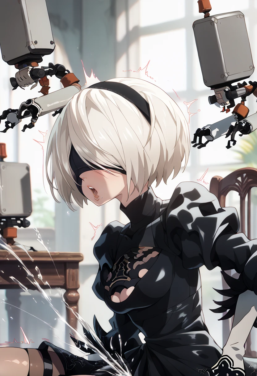 masterpiece, high definition , top quality,8k
(b2,NieR Automata,Blindfold, Shiny Skin)
(rolling eyes,orgasm)
(( strong shaking,Intense movement, motion blur))
( sit on a chair,squirting)