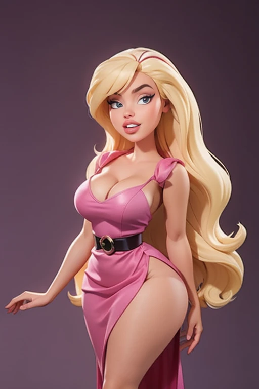 1girl, solo, (Blonde hair, waist length very very long straight hair: 1.15), barbie, heavy makeup, tight pink princes dress, bimbo, curvy, seducing look,clear perfect skin, realistic, large round breasts, simple background