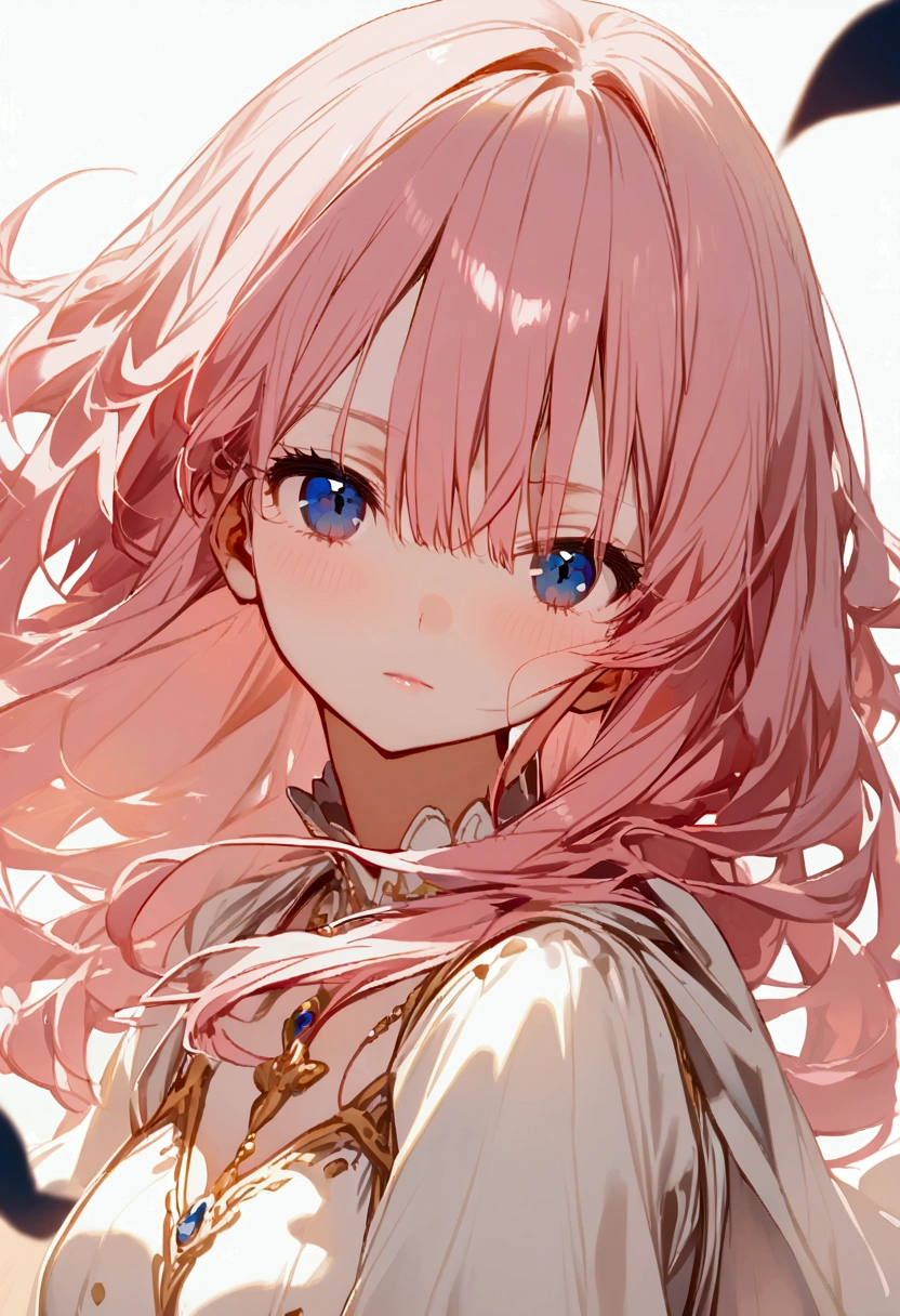 Anime girl long white pink hair,dark blue eyes,white antic dress