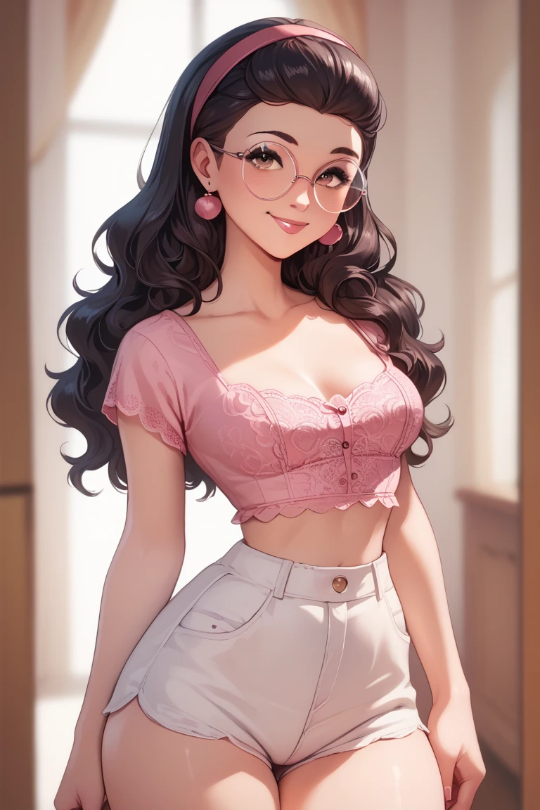 A maquoiada lady with wavy black hair short brown eyes sculptural body thin waist wide hips wearing round glasses wearing a pink lace top and short white shorts, the same one with a beautiful smile on her face..