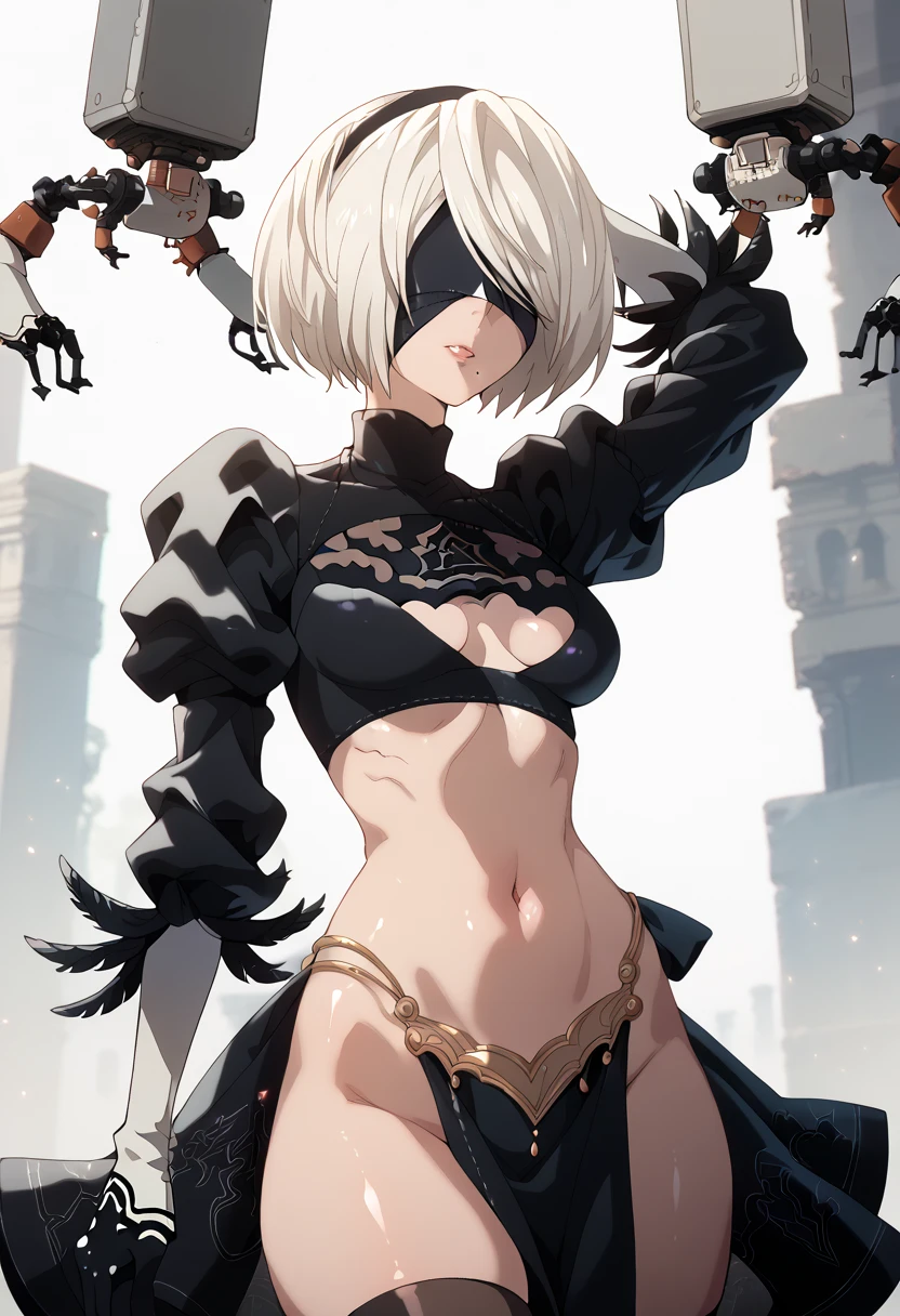 masterpiece, high definition , top quality,8k
(b2,NieR Automata,Blindfold, Shiny Skin)
(Harem Costume,almost naked)