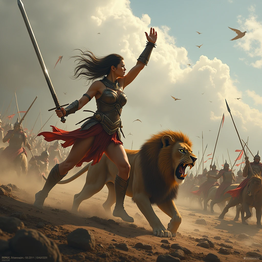 women Riding an giant lion, a mature female, many soldiers outside, male muscle, full body, stand, cinematic screen, ethereal, detailed, alluring succubus, ethereal beauty, perched on a cloud, (fantasy illustration:1.3), enchanting gaze, captivating pose, otherworldly charm, mystical sky, soft colors, (detailed cloudscape:1.3), (high-resolution:1.2), ((masterpiece)), (best quality), HDR, ((masterpiece)), (best quality), HDR, FEMME, Mirela Anton art Style, artistic, Soft color palette, windblown flowers, Sparkle, magical photography, Soft smooth lighting, Light background,[light smile], expressionless, On a vain this grand ancient battlefield, the ancient army engaged in intense combat with war chariots rushing forward and ancient warriors wielding swords and engaging in fierce battles. Blood splattered, weapons and armor were broken, and battle flags fluttered in the wind, symbolizing victory and glory. The war chariots charged forward, causing the ground to shake and metal sounds to ring out like thunder, stirring the enthusiasm of the warriors. The entire battlefield was filled with swords, blood, and flesh flying around. The warriors fought with all their might, exchanging their lives and blood for the victory of this war. The dust and smoke on the ground spread, and with each sword and explosion, the entire battlefield became even more majestic. However, the cost of the war was tragic, with countless soldiers falling on the battlefield, and their sacrifice was etched into the glorious history of the nation. hdr, (photorealism, masterpiece quality, best quality),