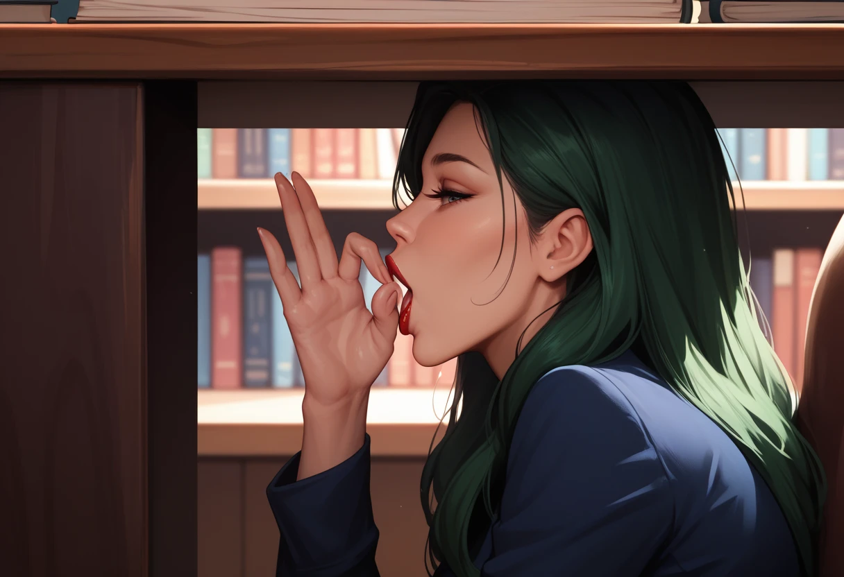 Score_9, Score_8_up, Score_7_up, Score_6_up, Score_5_up, Score_4_up, Source_anime, Quality_masterpiece, Anatomically correct, Beautiful face, Delicate facial features, Sensual woman, Mature female, Seductive, Long hair, dark green hair,red lip, deepthroat,big dick,((Side view,Woman under the table,sitting man, Library,man's face was red))