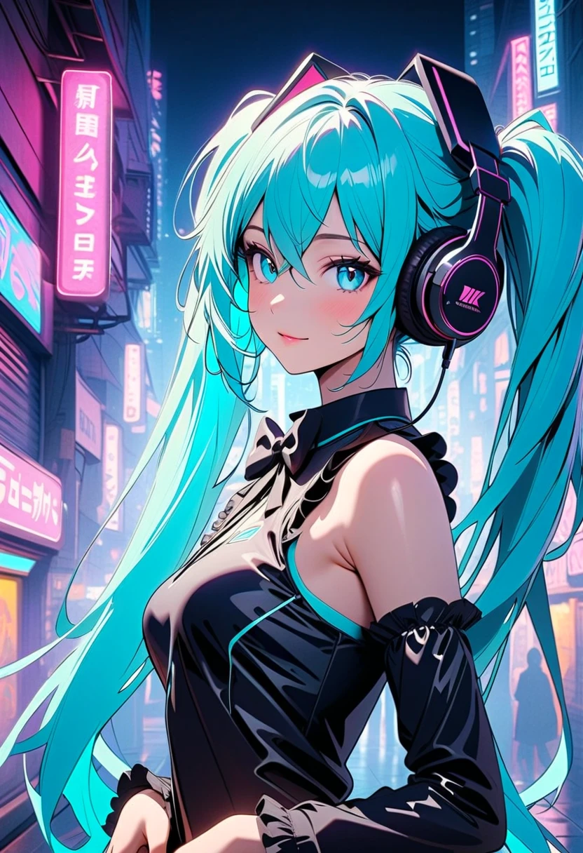 1girl, ((hatsune miku)), (aqua eyes, aqua hair, crossed bangs, hair between eyes, hair ornament, headphones, long hair, twintails:1.2), detailed beautiful eyes, extremely beautiful face, (beautiful skin, glossy skin, gentle smile), slender, small breast, ((sleeveless shirt:1.2, frills, detached sleeves:1.2, bowtie)), (arm behind head, arm up, show armpit), (in the futuristic city, night city, neon light, futuristic back background), BREAK, 
(cowboy shot, from front, looking at viewer:1.3, face focus), deep depth of field, stunning, fascinating, enchanting, broad lighting, cinematic composition, (very detailed, ultra-high resolution, absurdres, highres, masterpiece, best quality, very aesthetic, fine texture, newest, anatomically correct, perfect hands, 8k), 