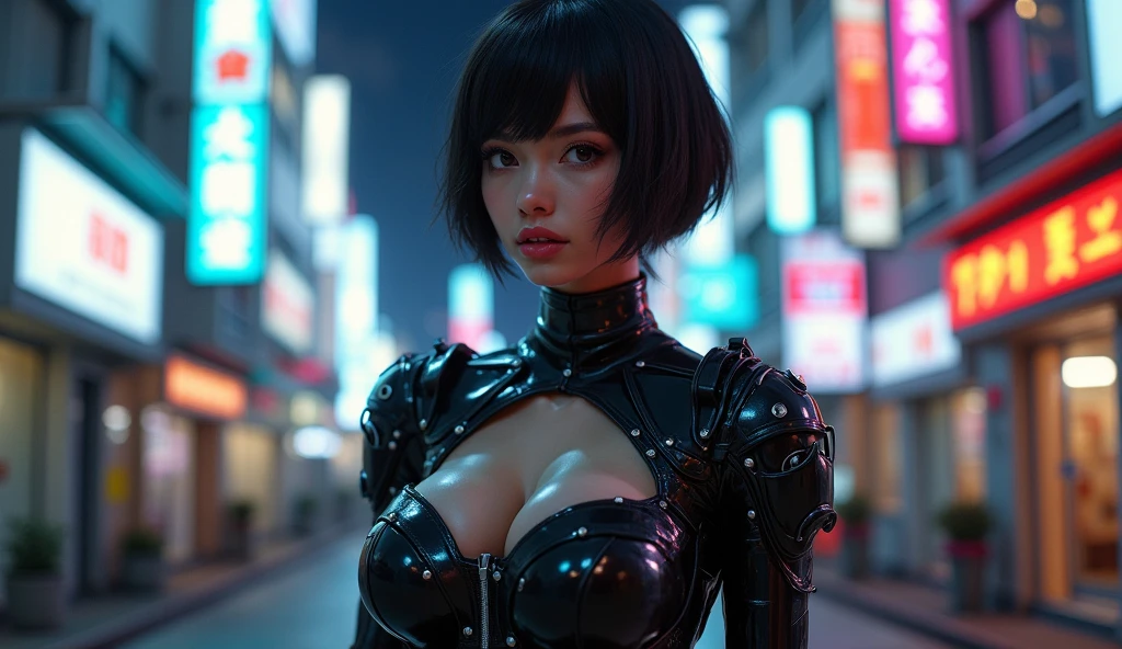 1 beautiful female, heavy metal , bobcut, fututristic, city street