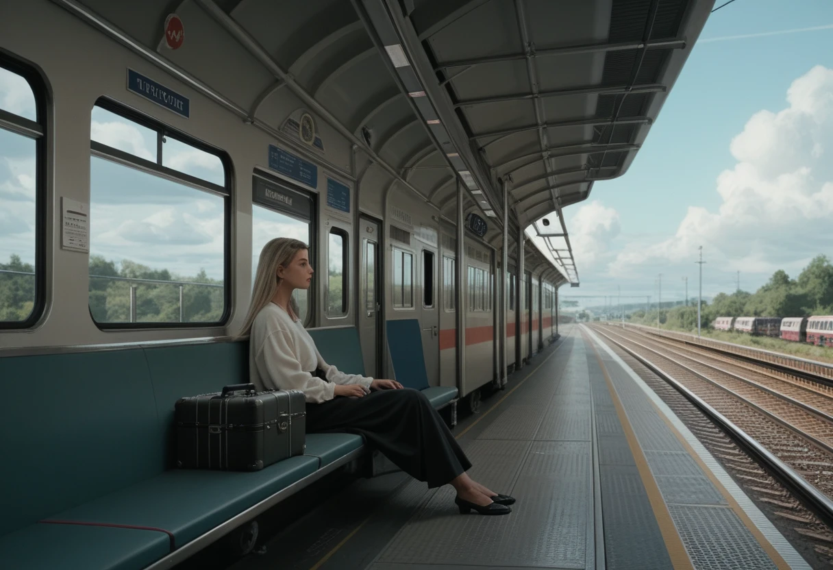 score_9, score_8_up, score_7_up, score_6_up,  1girl, 25yo, blonde, Maeri25, solo, sitting on a bench, train station, suitcase, cloudy day, from side, looking away, lonely