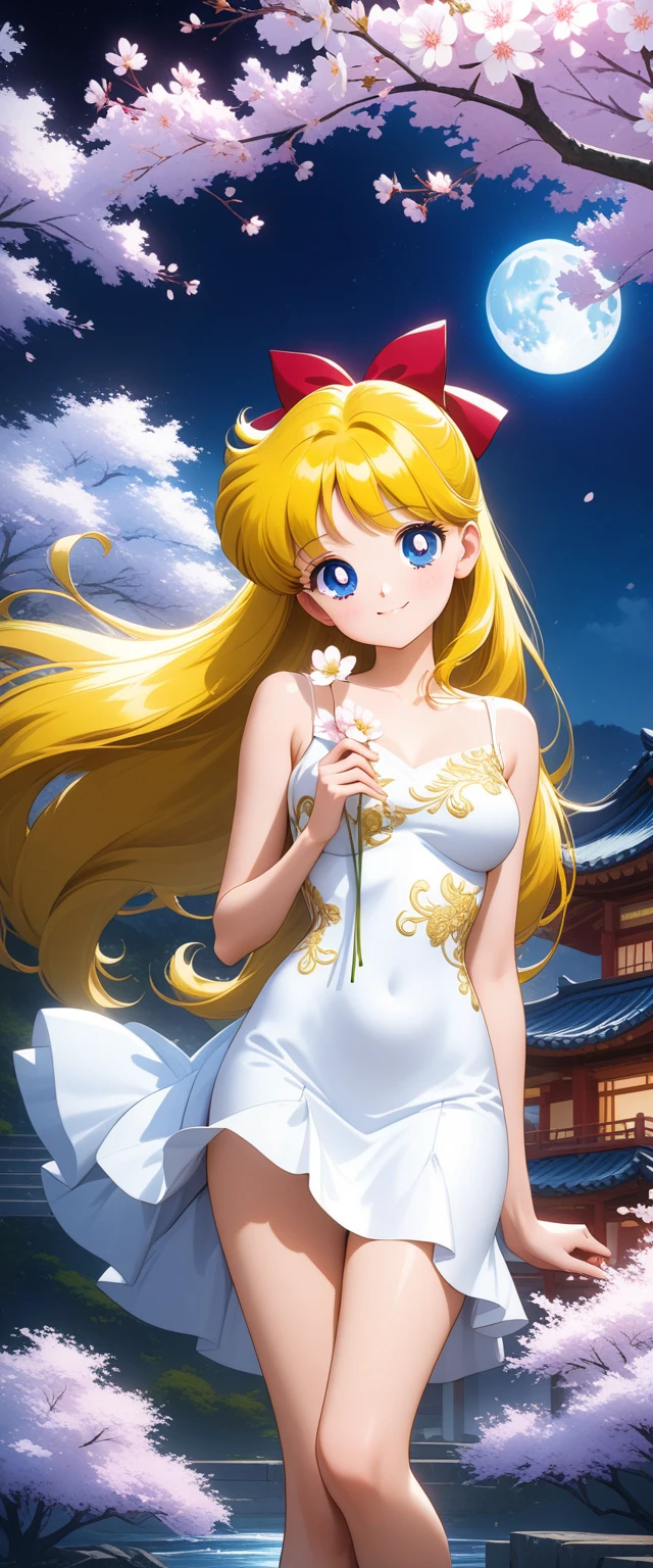 colorful, (masterpiece, best quality, very aesthetic , ultra detailed), intriguing details , 4K, long hair, hair flowers, blonde hair, hair combed to the side, blue eyes, 1girl, new born, moon, 1 girl, Best quality, masterpiece, High Definition, looking at camera, white cherry blossoms, smile, detailed background, intricate details, black night, white Áo dài dress, holding one flower, High resolution